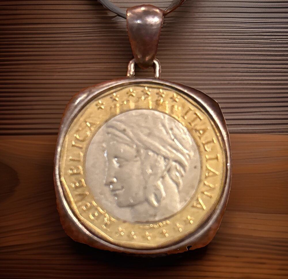 Vintage Italian Milor Sterling Silver Bezel & Italy 1000 Lire Coin Pendant 925